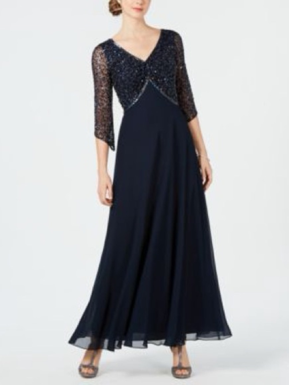 J Kara Navy Beaded V-Neck Maxi Gown